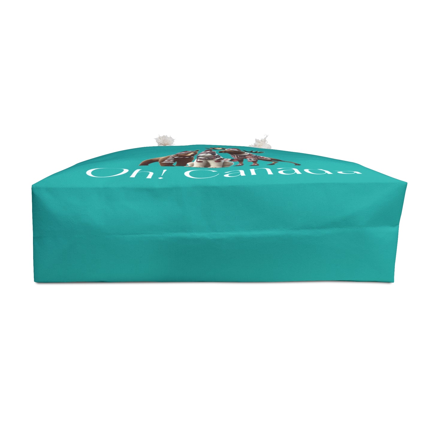 Turquoise bottom of weekender bag with 'Oh! Canada' text and a bear illustration on a white background