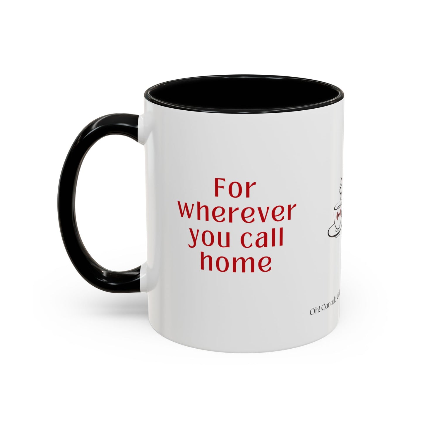 White mug with black handle and interior with red text on a white background