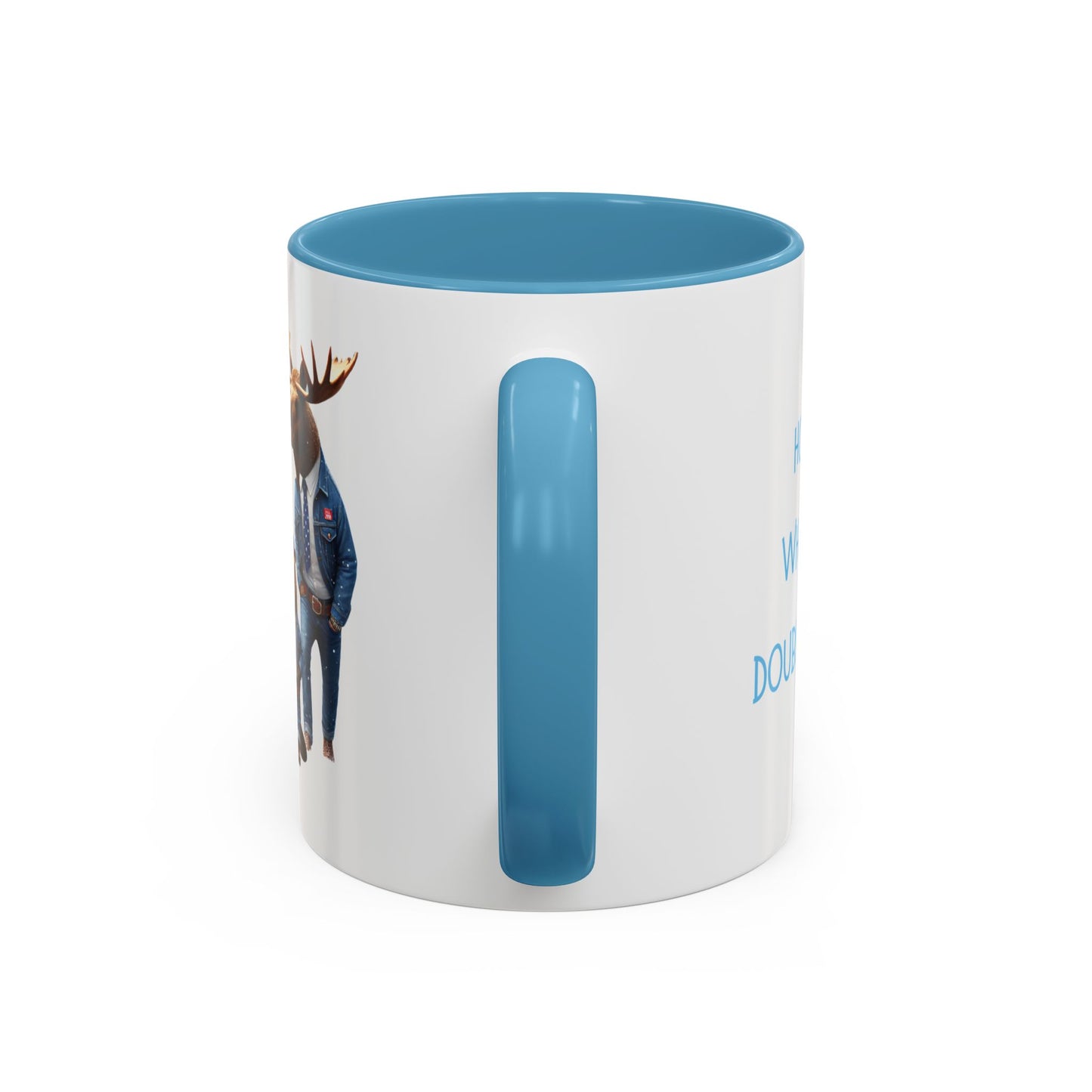 White mug with blue interior and handle featuring a moose illustration on a white background