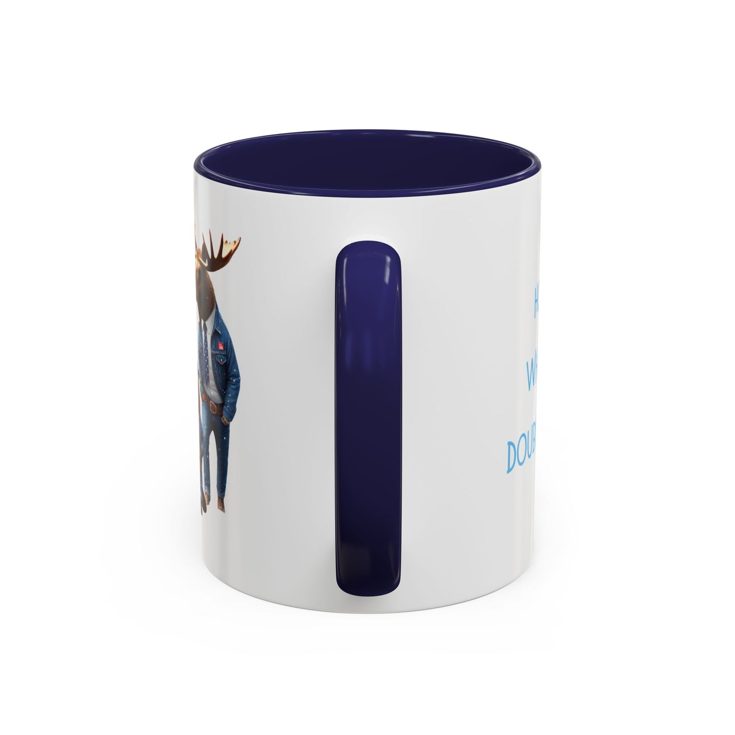 White mug with dark blue interior and handle featuring a moose graphic and text on a white background