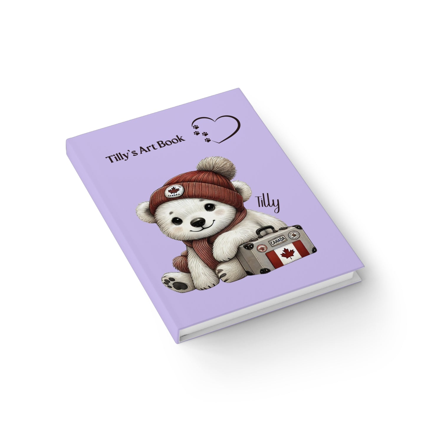Purple art book with a bear illustration and 'Tilly's Art Book' text angled on a white background