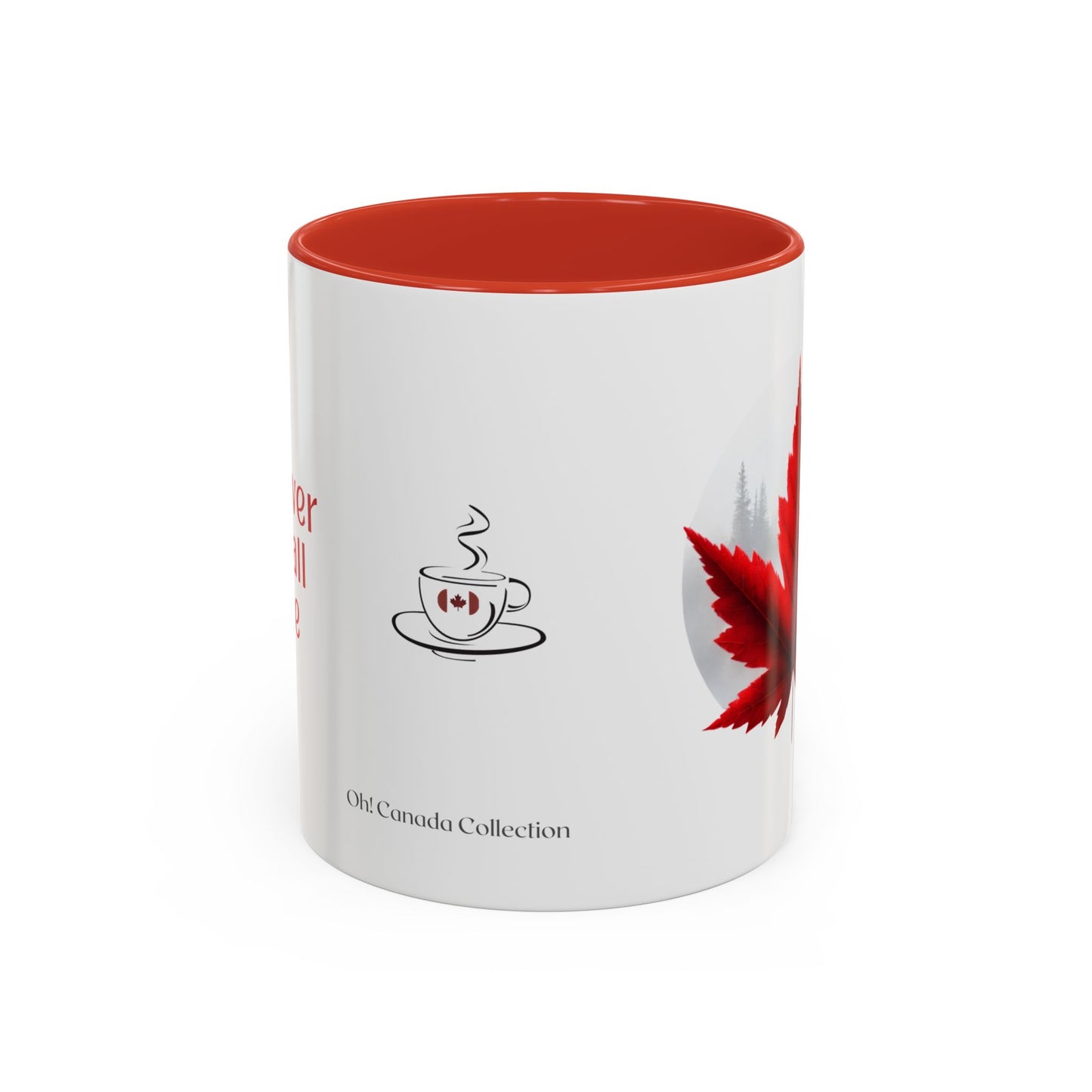 White mug with red interior and Canadian-themed design on a white background