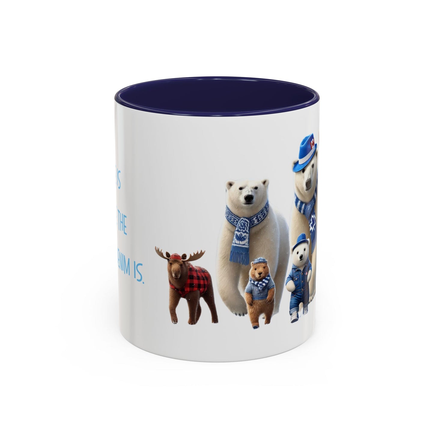 Mug with illustrations of bears and a moose wearing scarves and hats on a white background