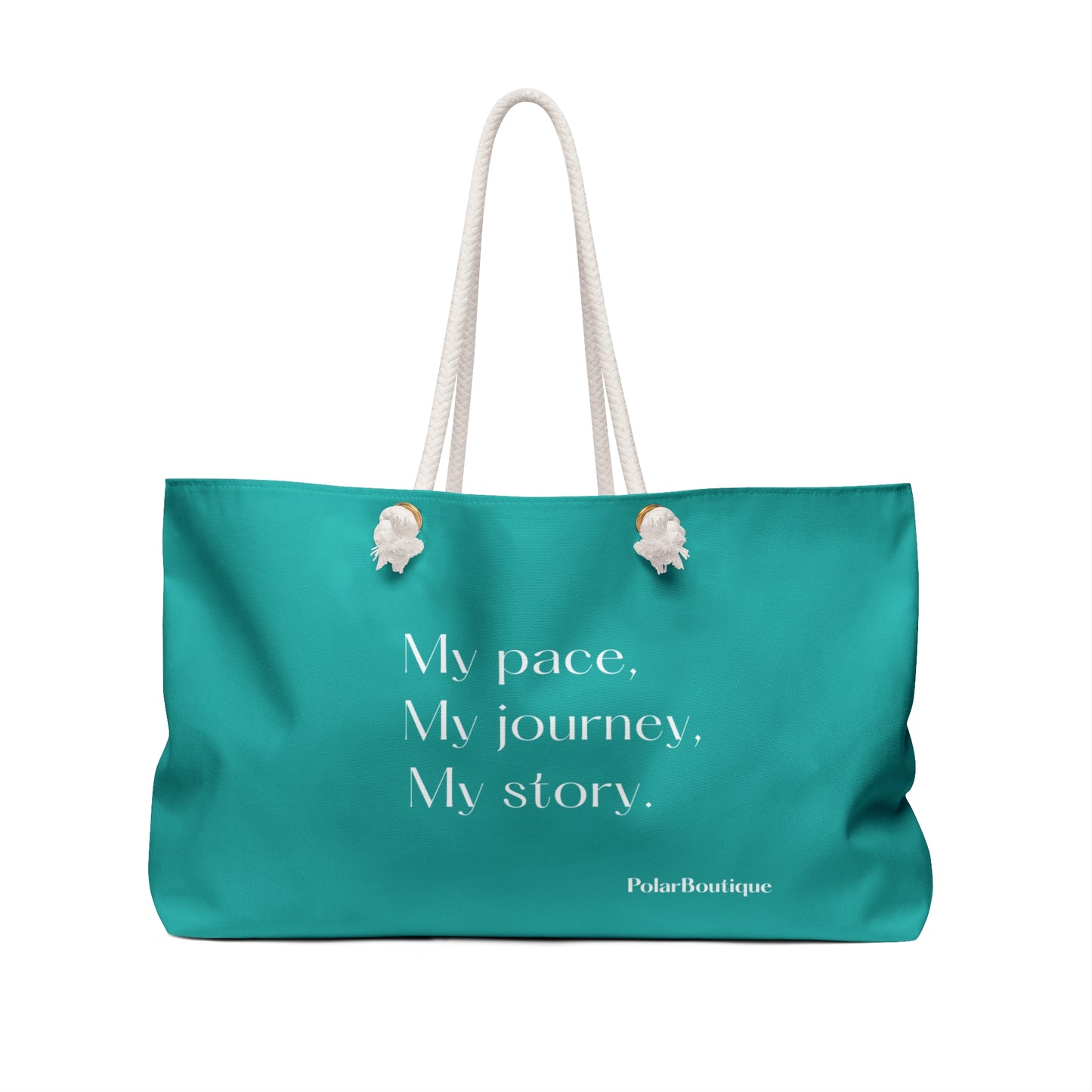 Turquoise back-side of weekender bag with 'Oh! Canada' text and a bear illustration on a white background