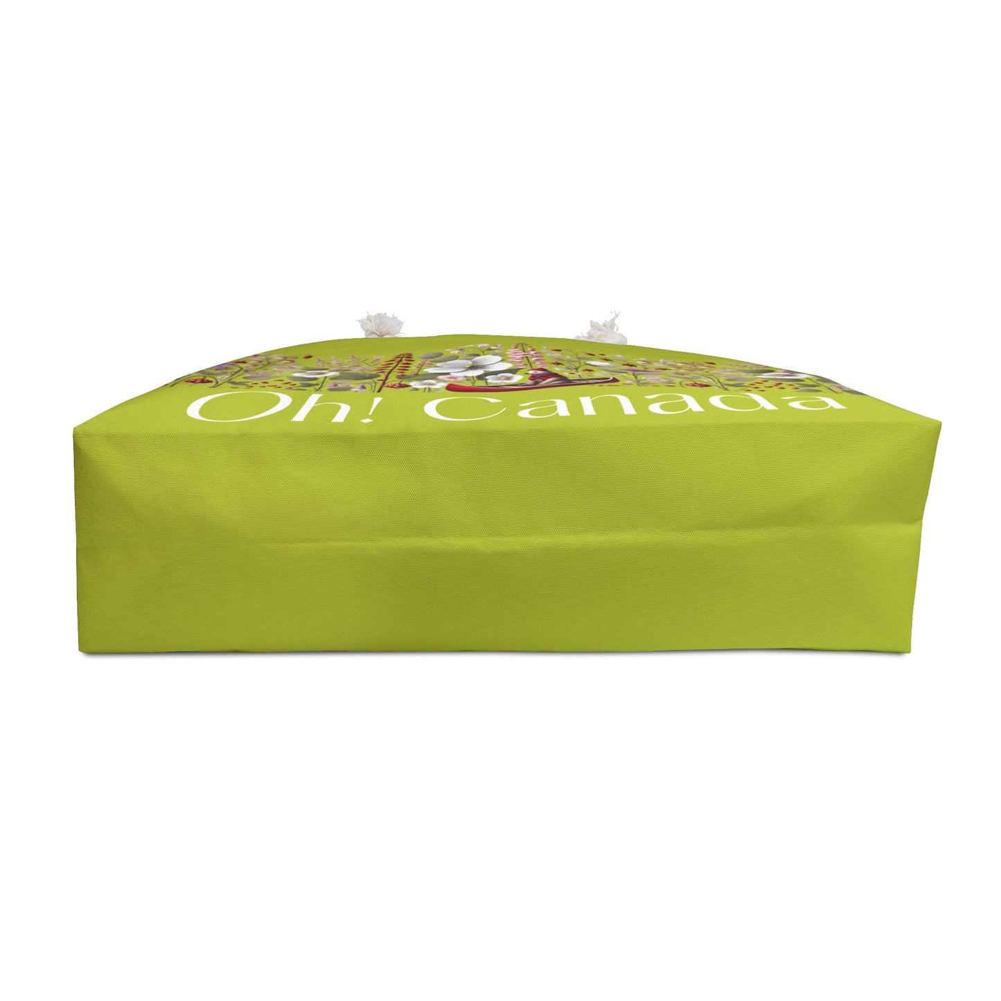 Green tote bag with 'Oh! Canada' text bottom flat view