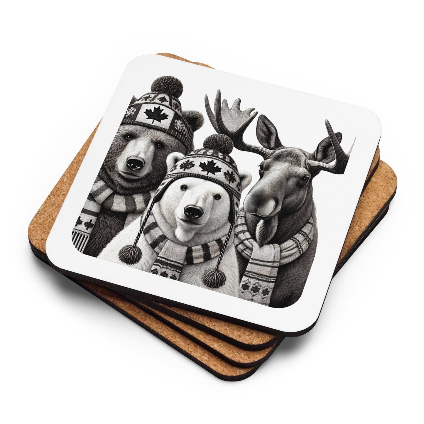Coaster with the three Canadian wild animals in black and white