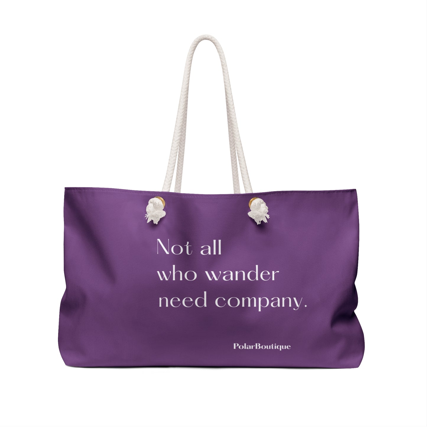 Purple tote bag with white text and handles back side view