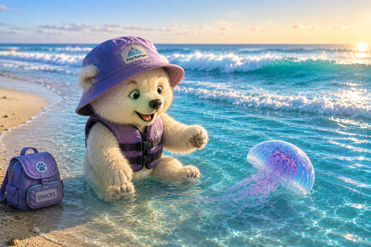 Tilly meets a blue jellyfish in the ocean