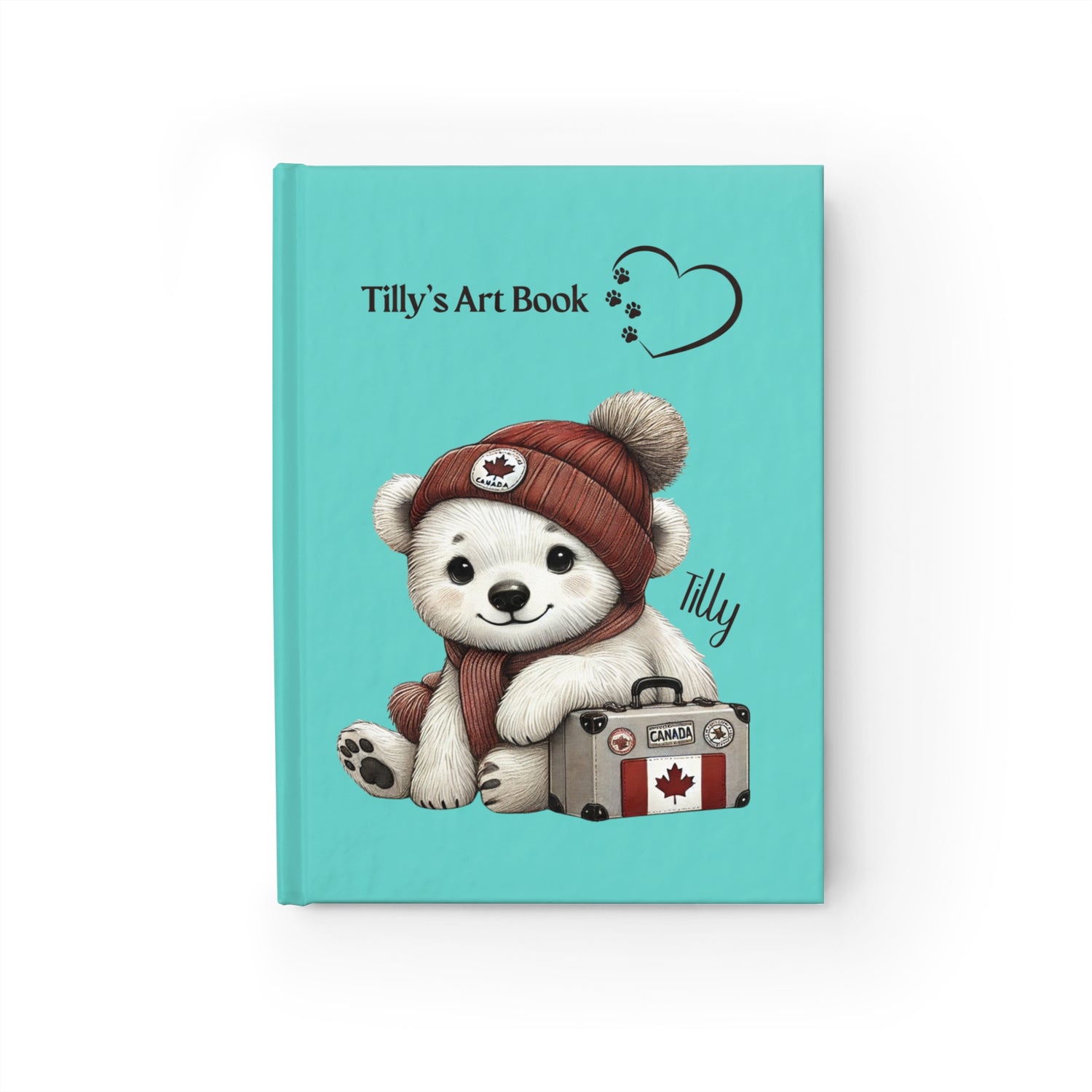 'Tilly's Art Book' with a polar bear illustration - Tilly, on a turquoise background