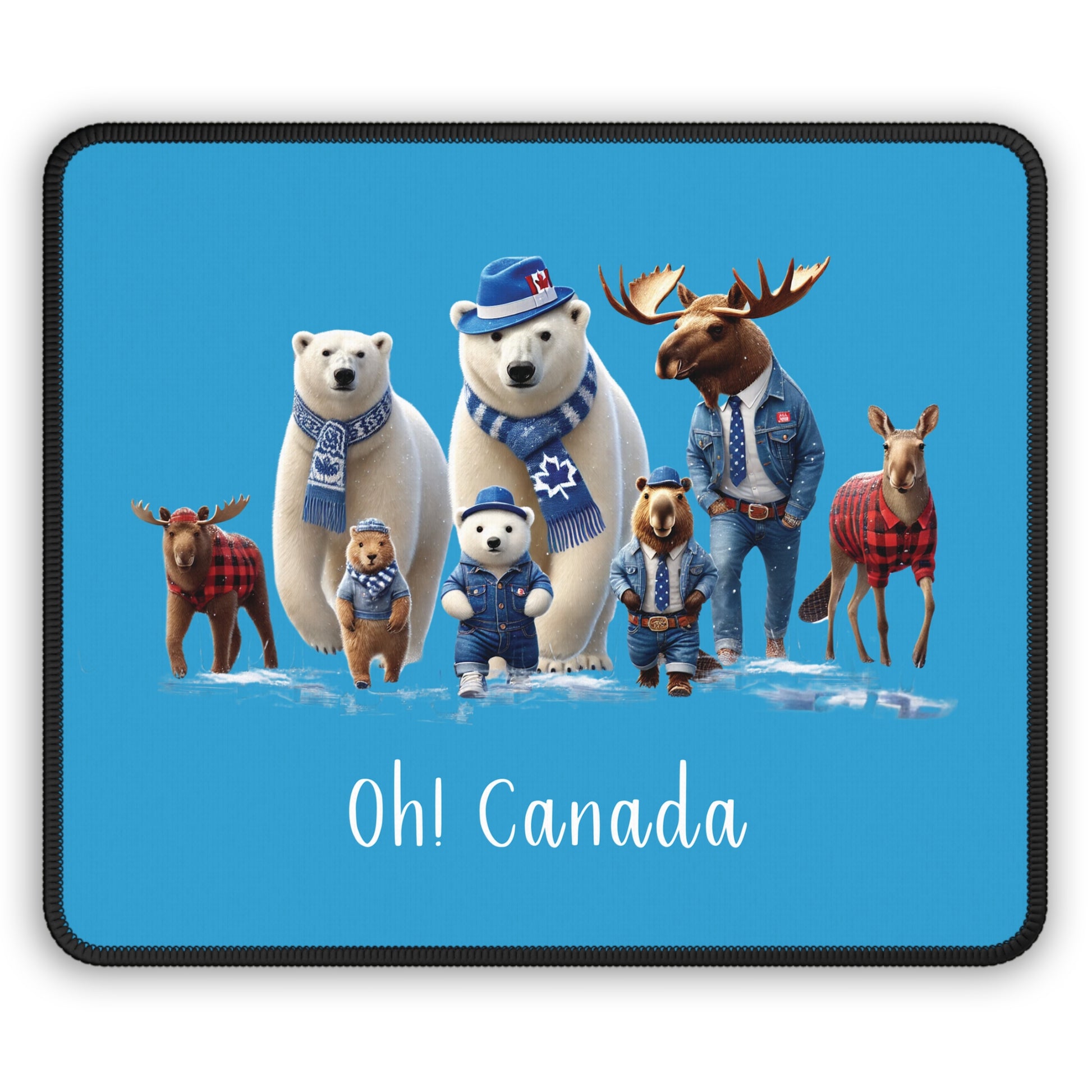 Mouse pad with Canadian-themed animals and 'Oh! Canada' text on a blue background