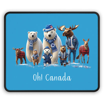 Mouse pad with Canadian-themed animals and 'Oh! Canada' text on a blue background