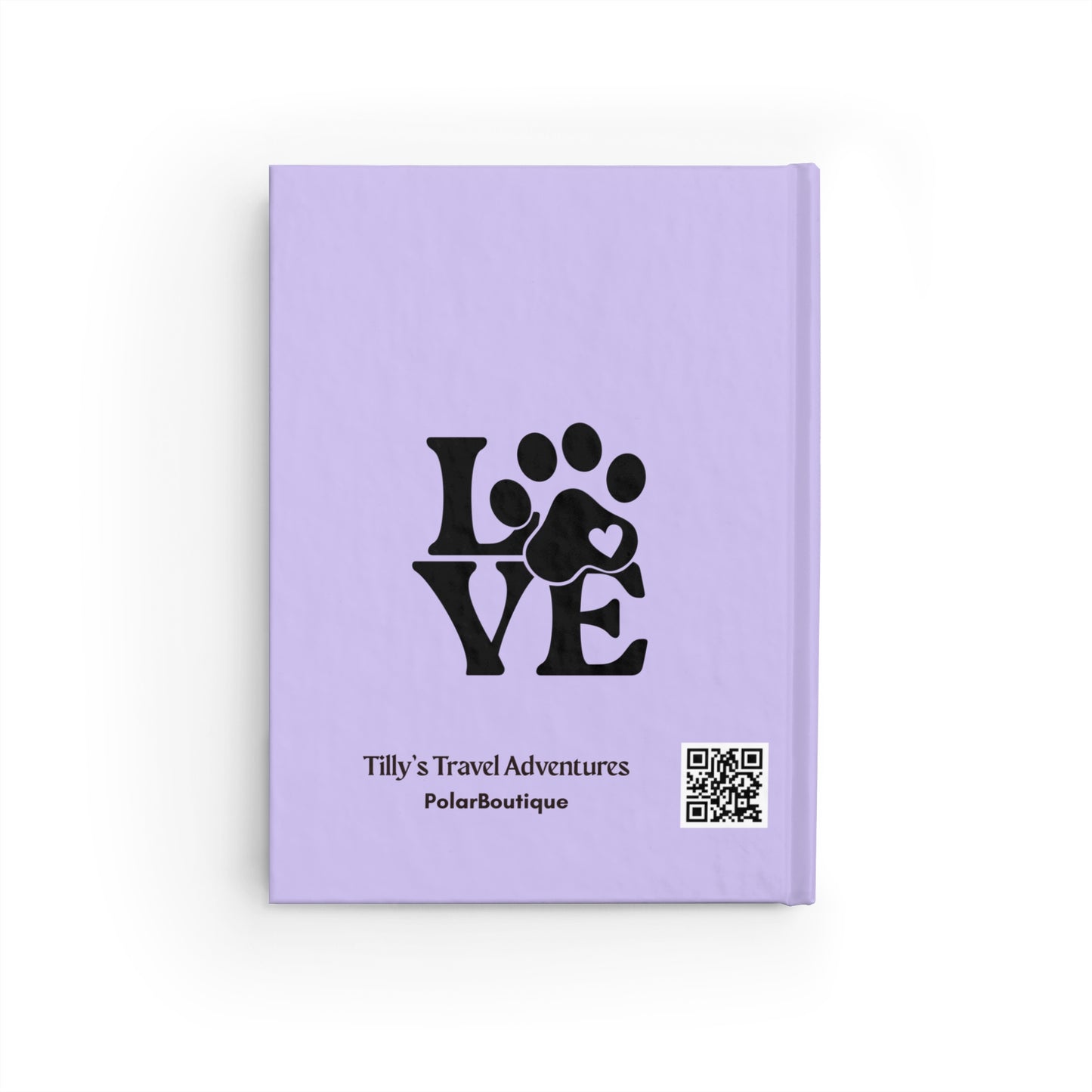 Purple notebook with black love paw print design and text on a white background