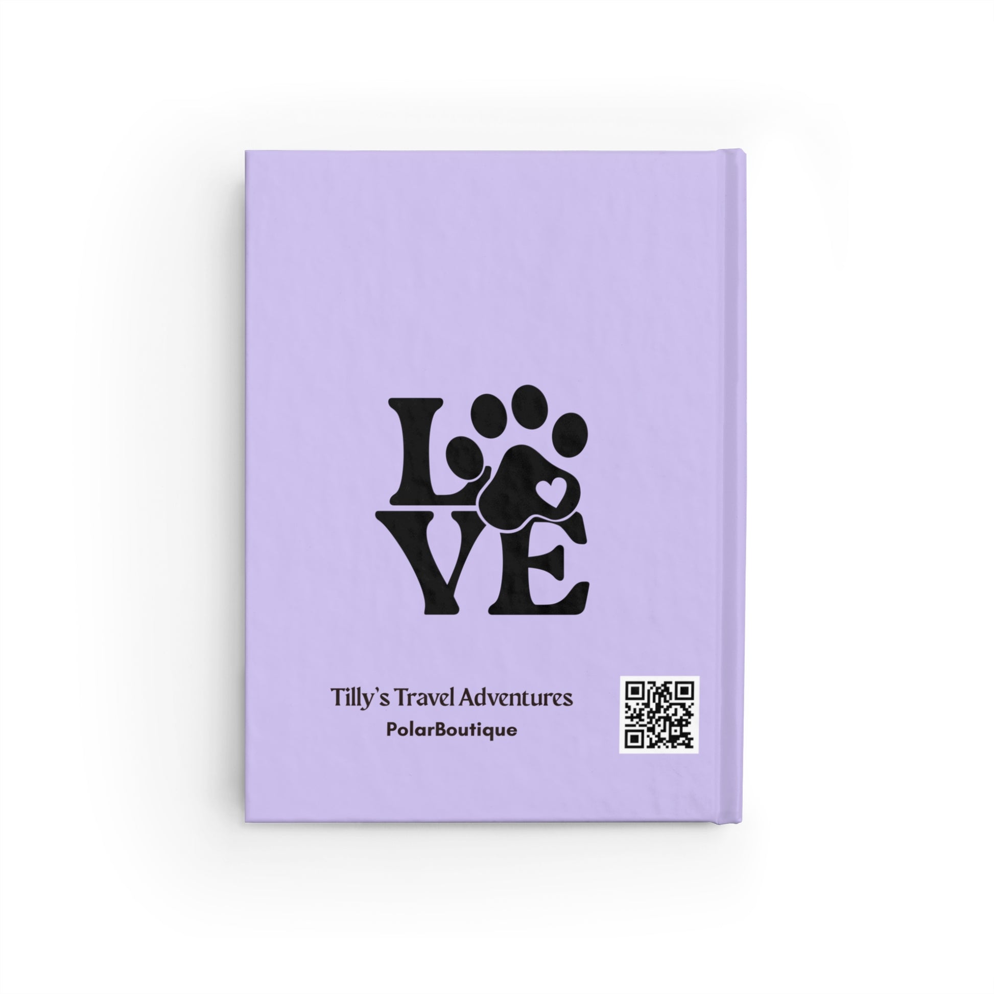 Purple notebook with black love paw print design and text on a white background