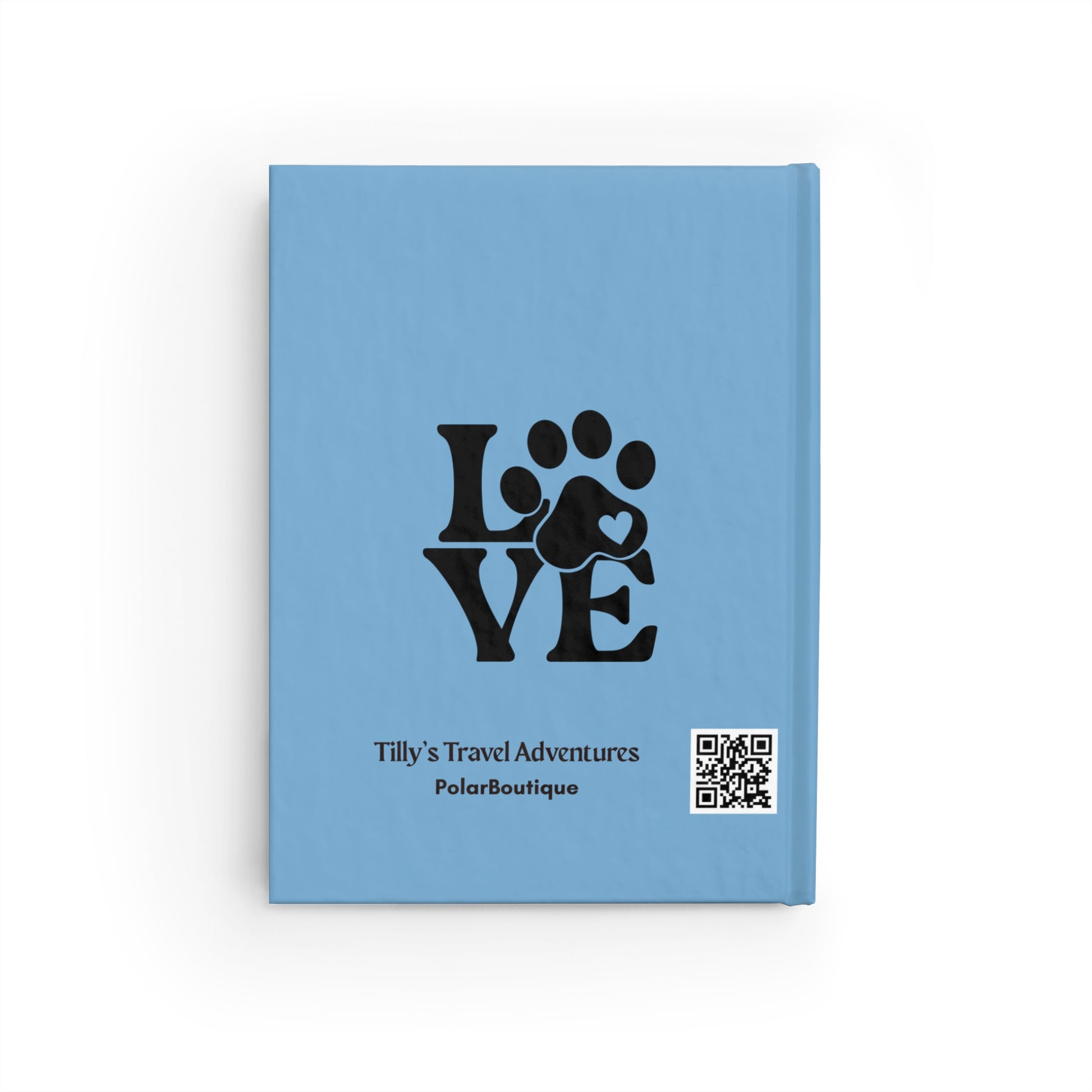 Light blue notebook with the love black paw print design and text on a white background