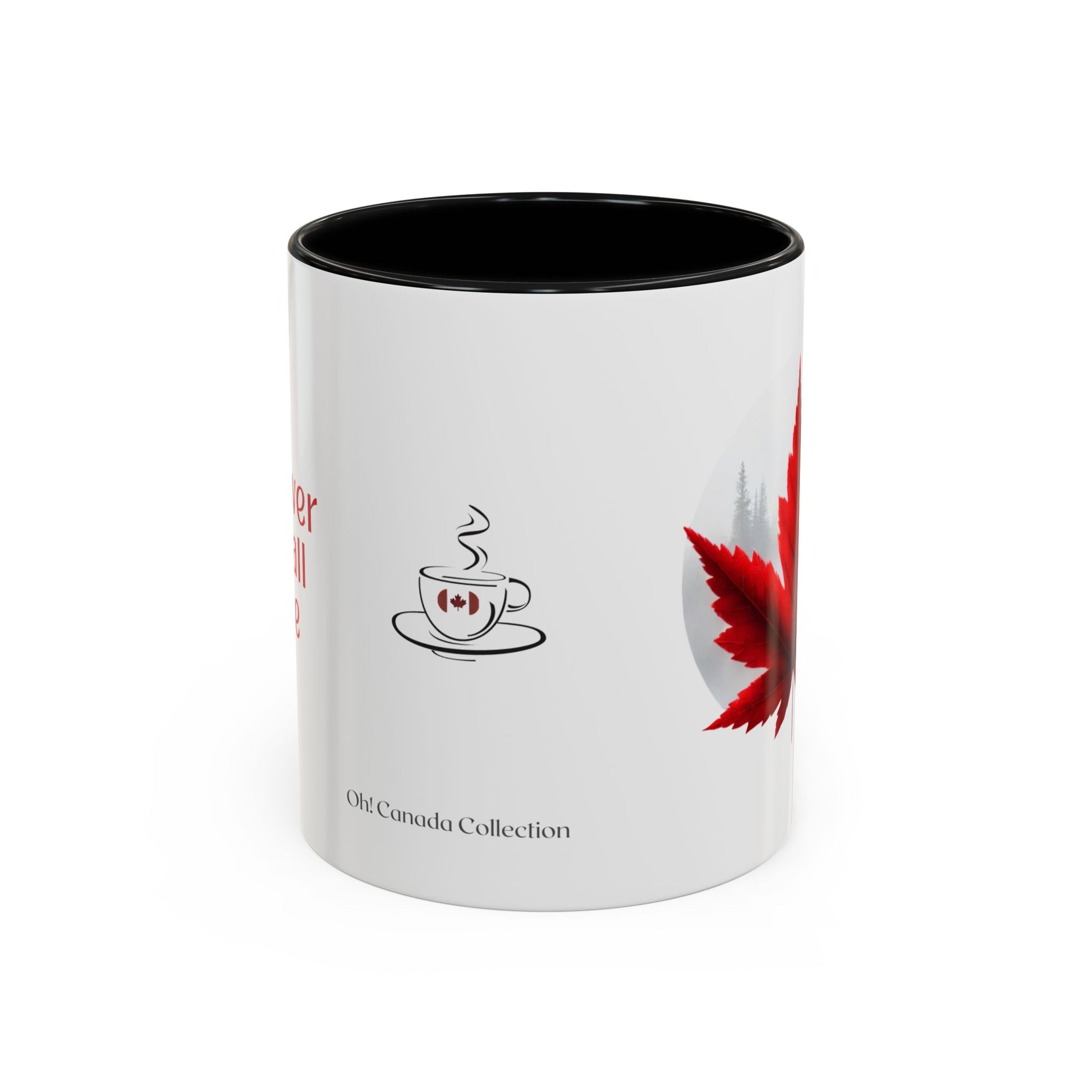 White mug with black interior, featuring a Canadian flag design on the coffee cup, line drawing and text on a white background