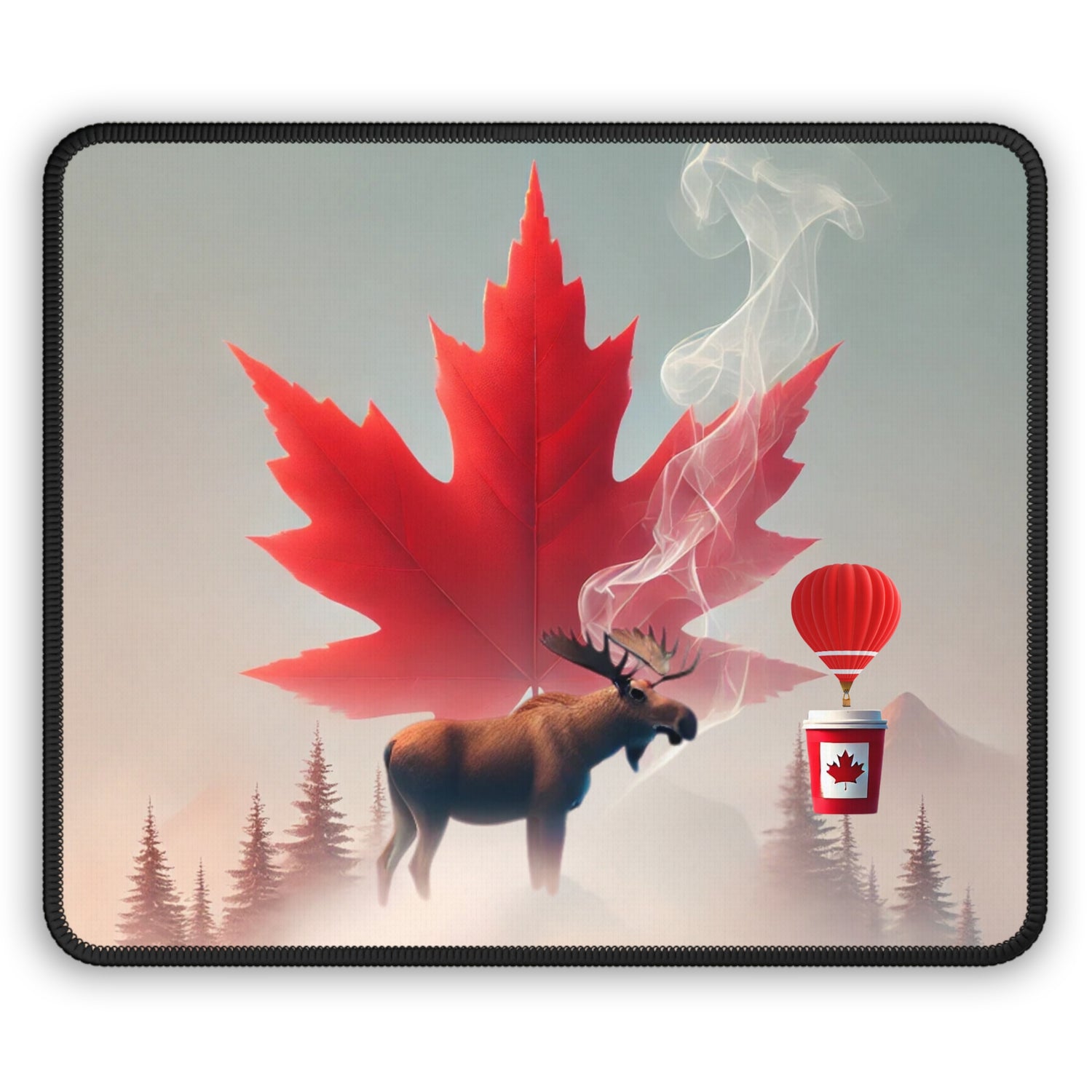 Mouse pad with a red maple leaf, moose, and hot air balloon with a Canadian flag on a misty forest background.