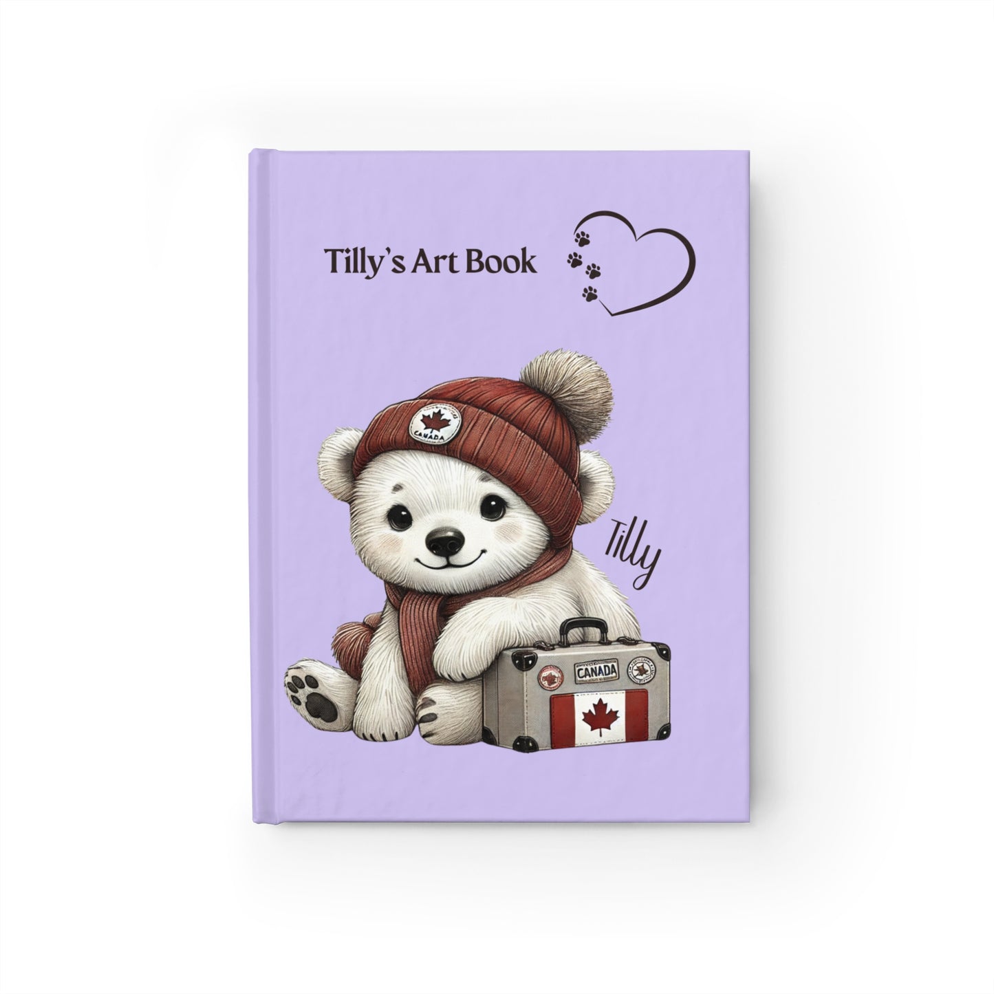 Book titled 'Tilly's Art Book' with a polar bear illustration on a purple background