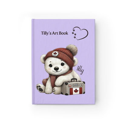 Book titled 'Tilly's Art Book' with a polar bear illustration on a purple background