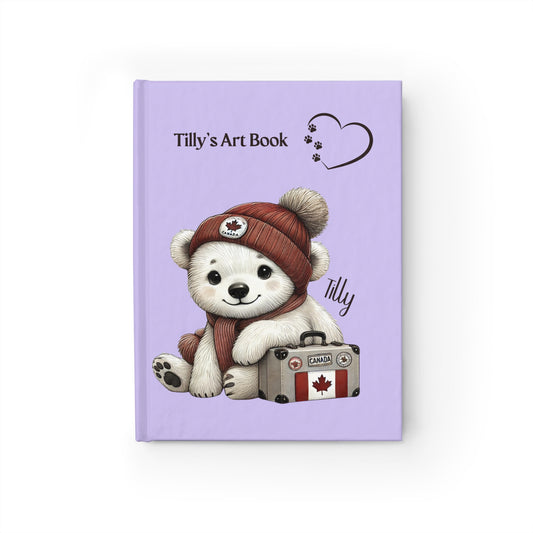 Book titled 'Tilly's Art Book' with a polar bear illustration on a purple background