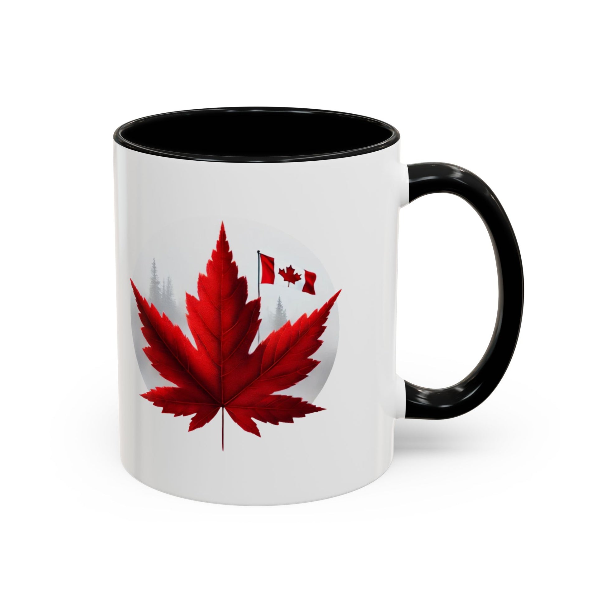White mug with red maple leaf design and black handle on a white background