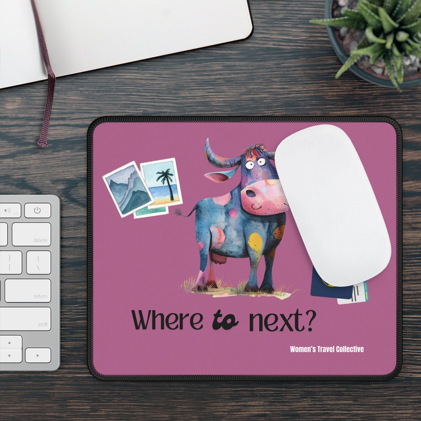 Travel-Inspired Mouse Pad - 'Where to Next?' Cow Design