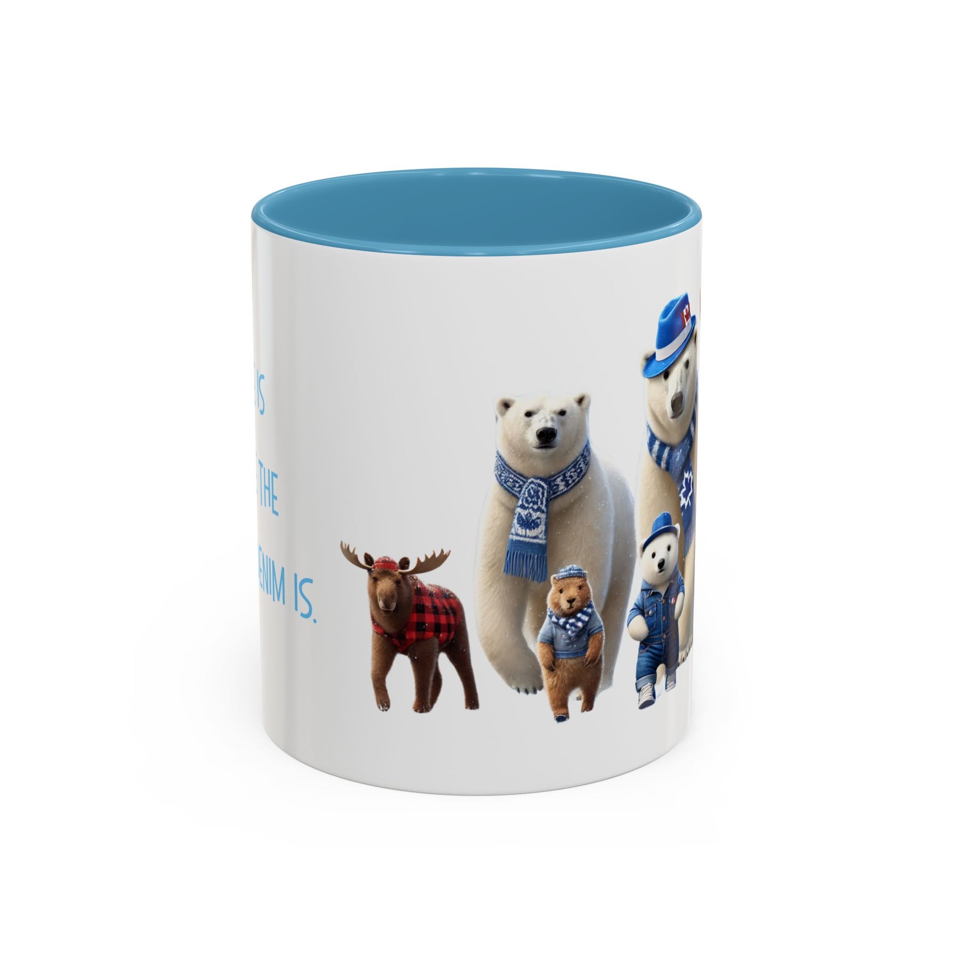 Light Blue Interior - Mug with illustrations of bears and a moose wearing scarves and hats on a white background