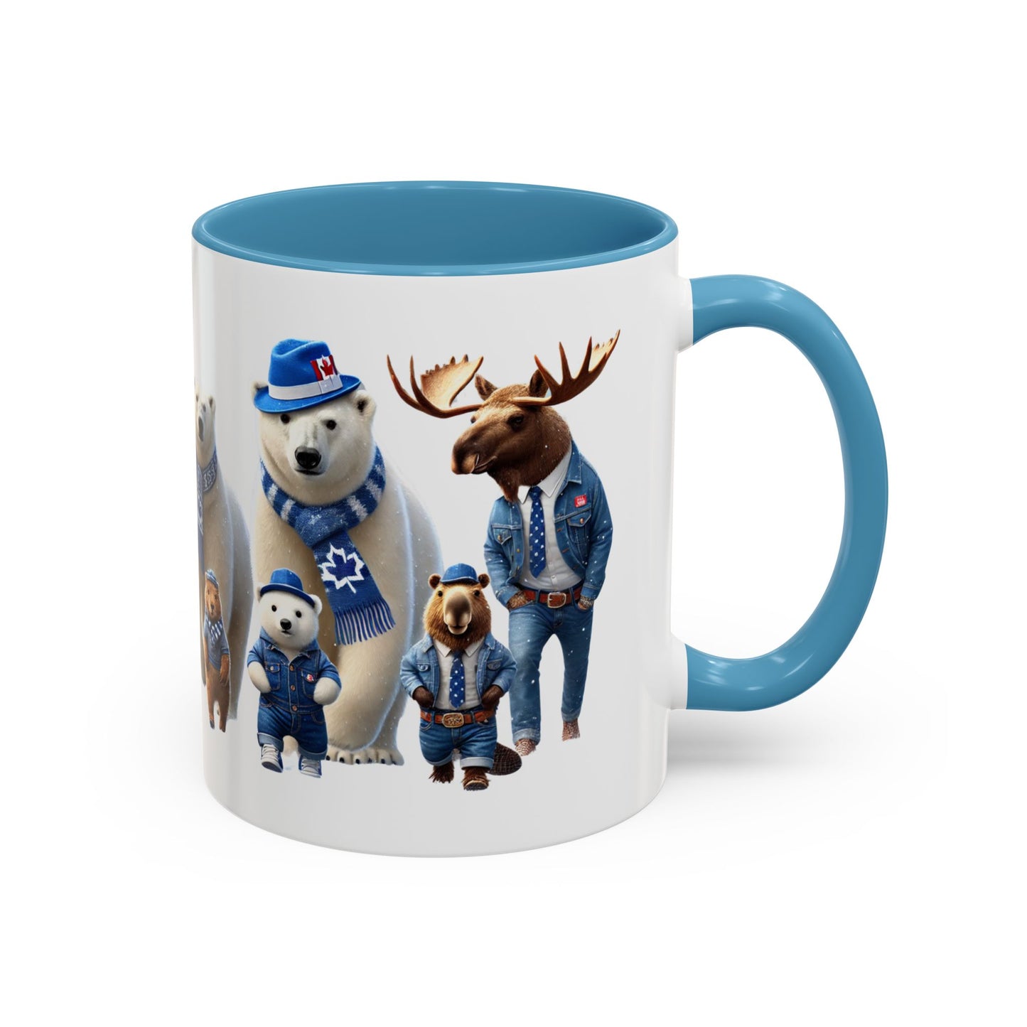 Mug with cartoon animals in light blue outfits on a white background