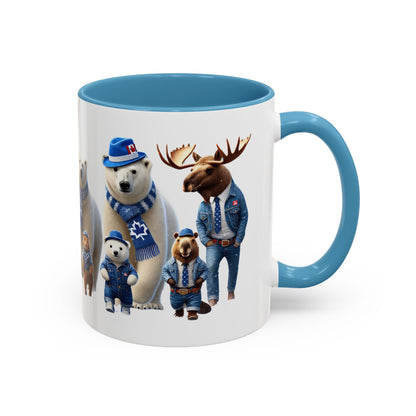 Mug with cartoon animals in light blue outfits on a white background