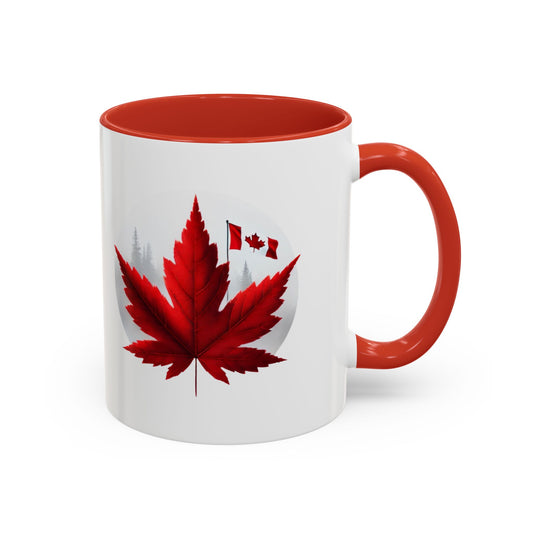 White mug with red interior, handle, and maple leaf design on a white background