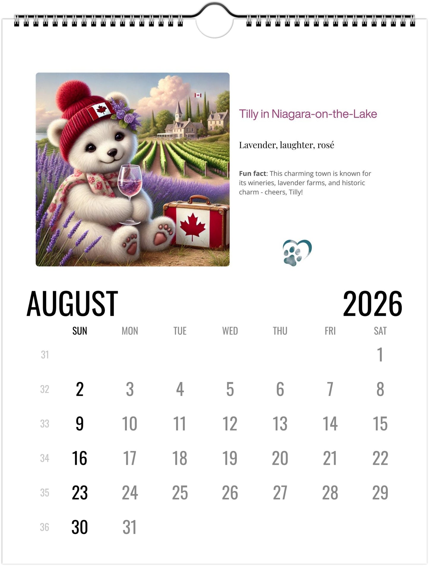 Calendar page for August 2026 featuring a teddy bear in a red hat with a Canadian flag, lavender fields, and a vineyard.