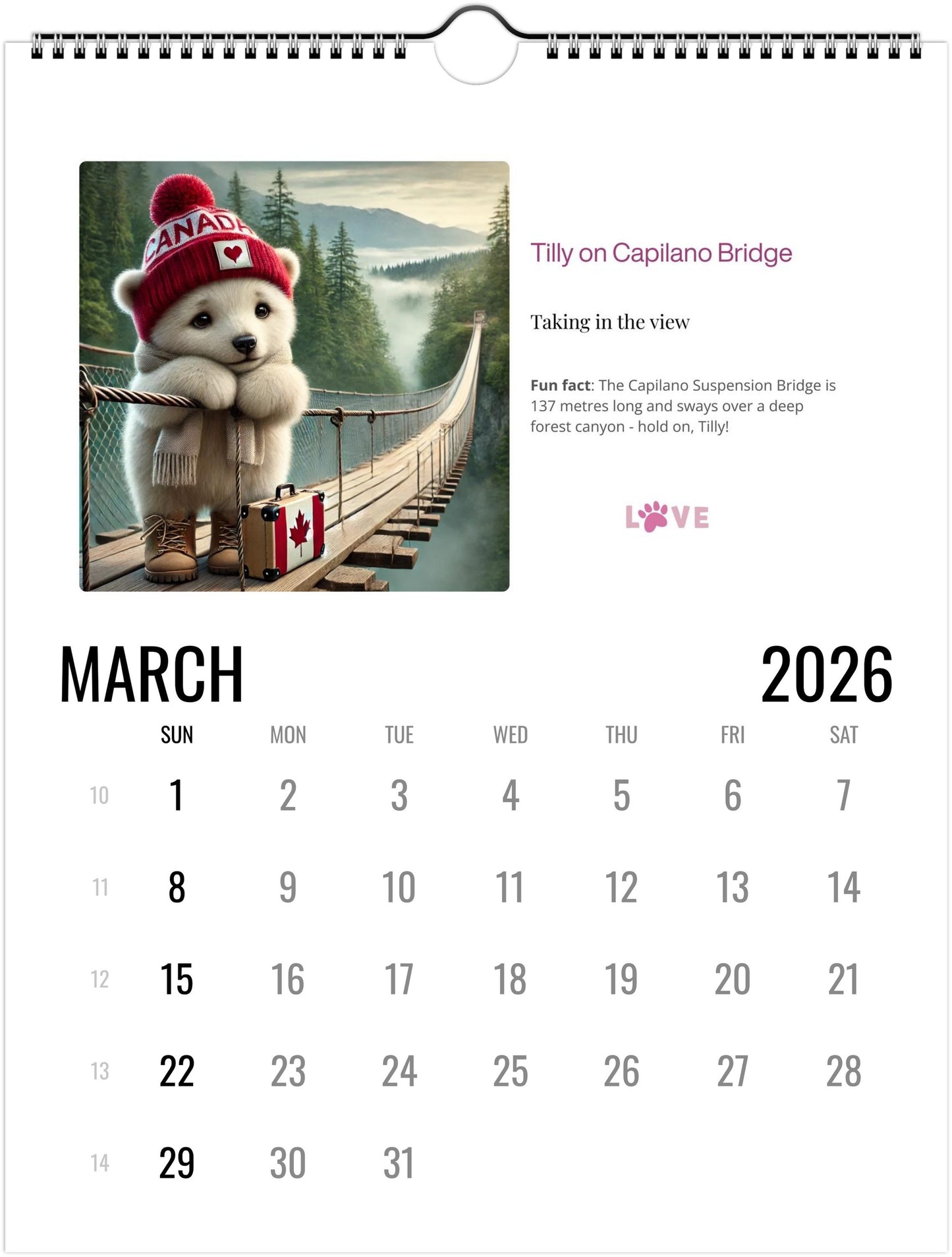 Calendar page for March 2026 featuring a bear in a red hat and Canadian flag sweater on a bridge.