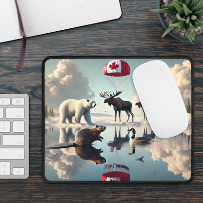 Mouse pad with nature-themed design featuring animals and a Canadian flag, placed on a desk.