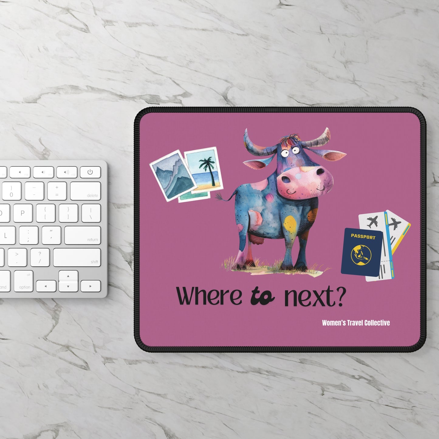 Travel-Inspired Mouse Pad - 'Where to Next?' Cow Design