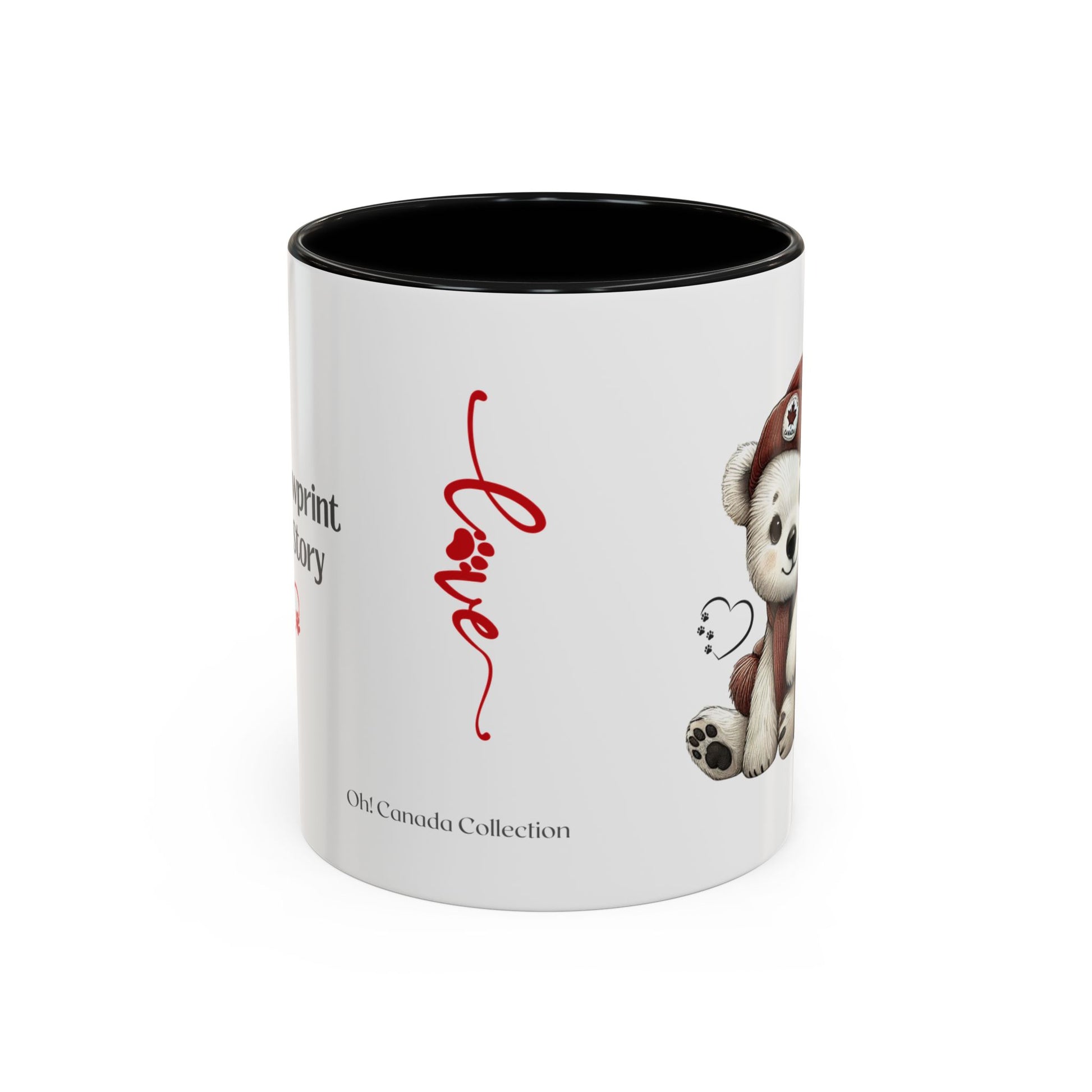 White mug with black interior, featuring Tilly Polar bear and text on a white background