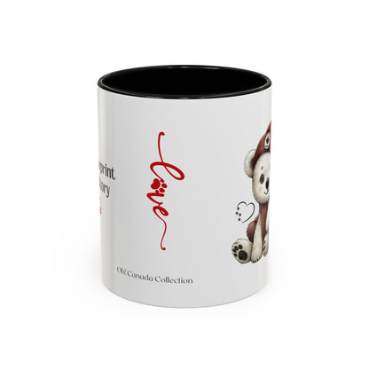 White mug with black interior, featuring Tilly Polar bear and text on a white background