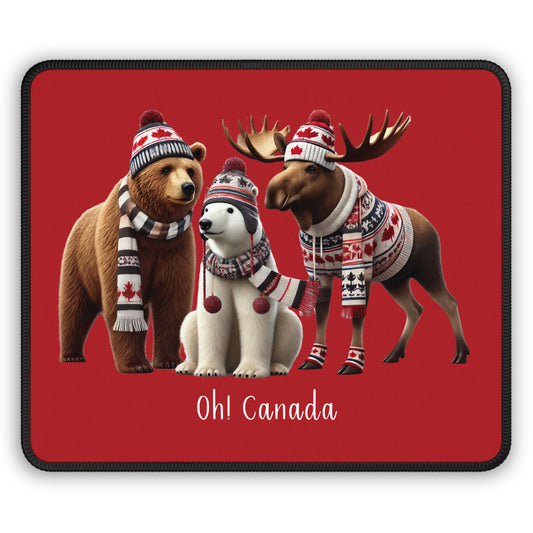 Mouse pad with Canadian-themed animals on a red background