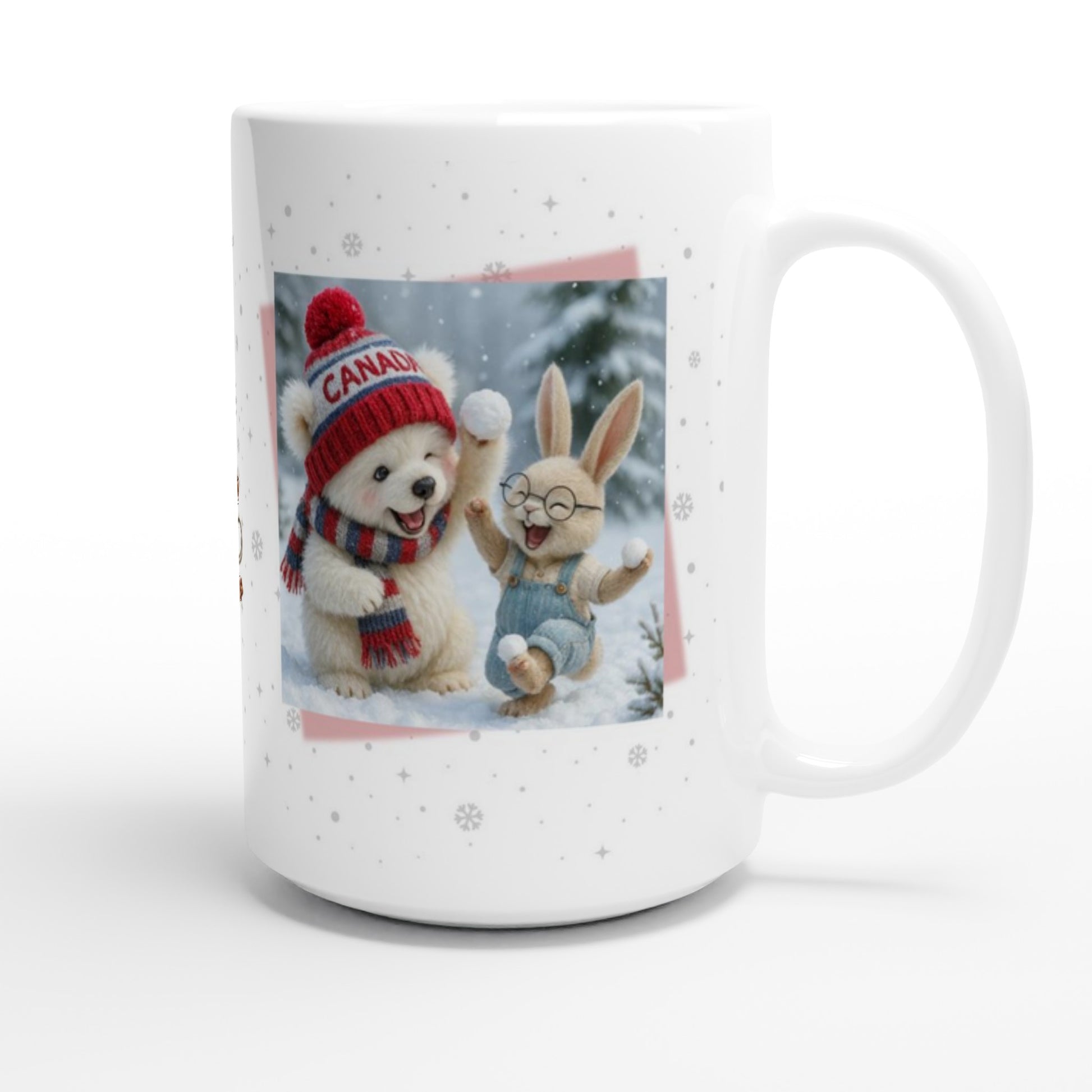 15 oz ceramic mug, Tilly and bunny playing in the snow