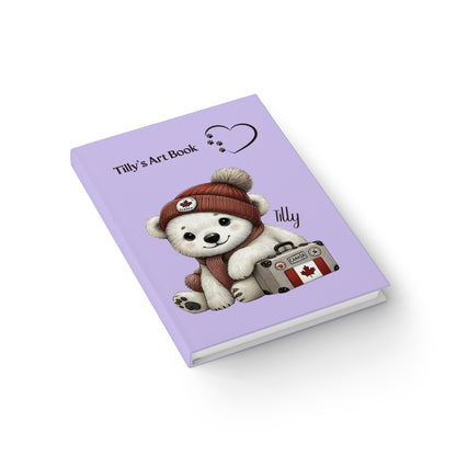 Purple art book with a bear illustration and 'Tilly's Art Book' text angled on a white background