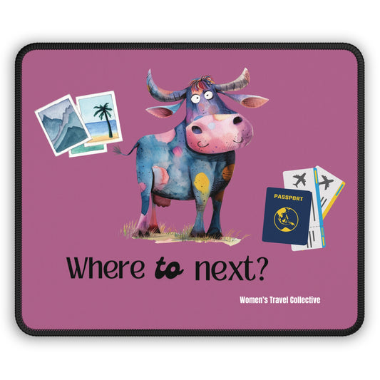 Travel-Inspired Mouse Pad - 'Where to Next?' Cow Design