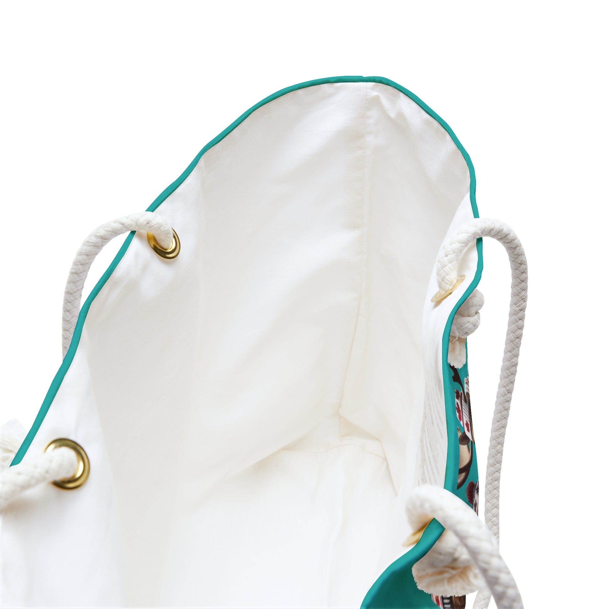 Close-up of a white hoodie with teal drawstring and trim on a white background
