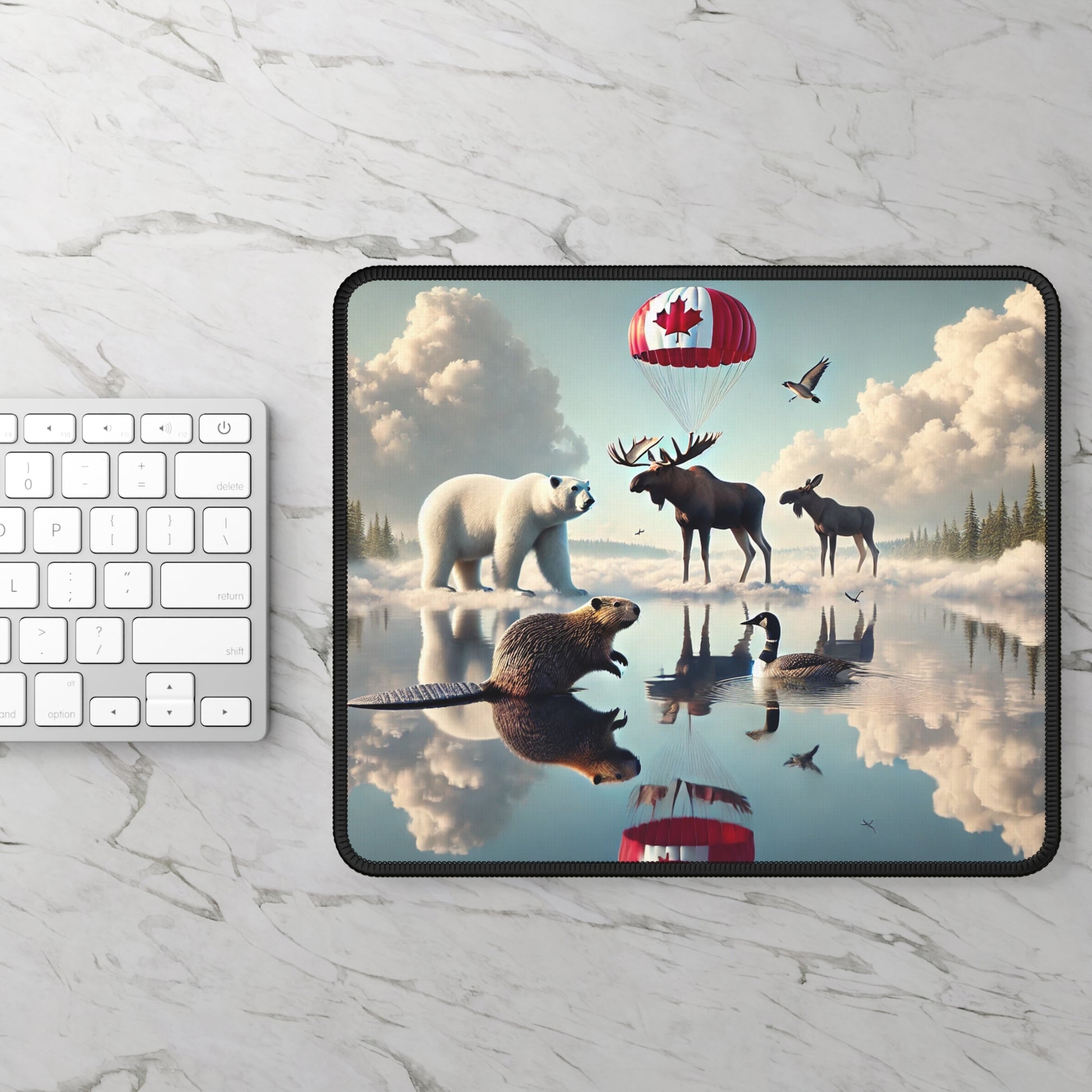 Mousepad with a nature-themed case featuring animals and a Canadian flag on a marble surface.