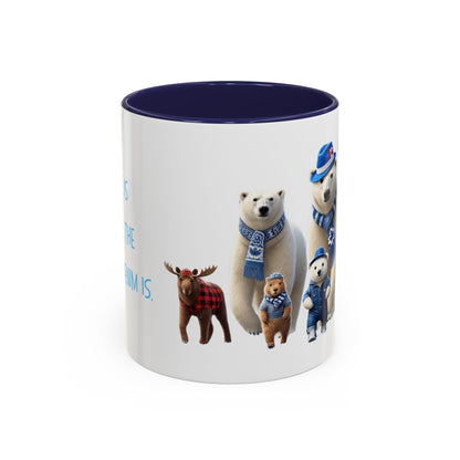 Mug with illustrations of bears and a moose wearing scarves and hats on a white background