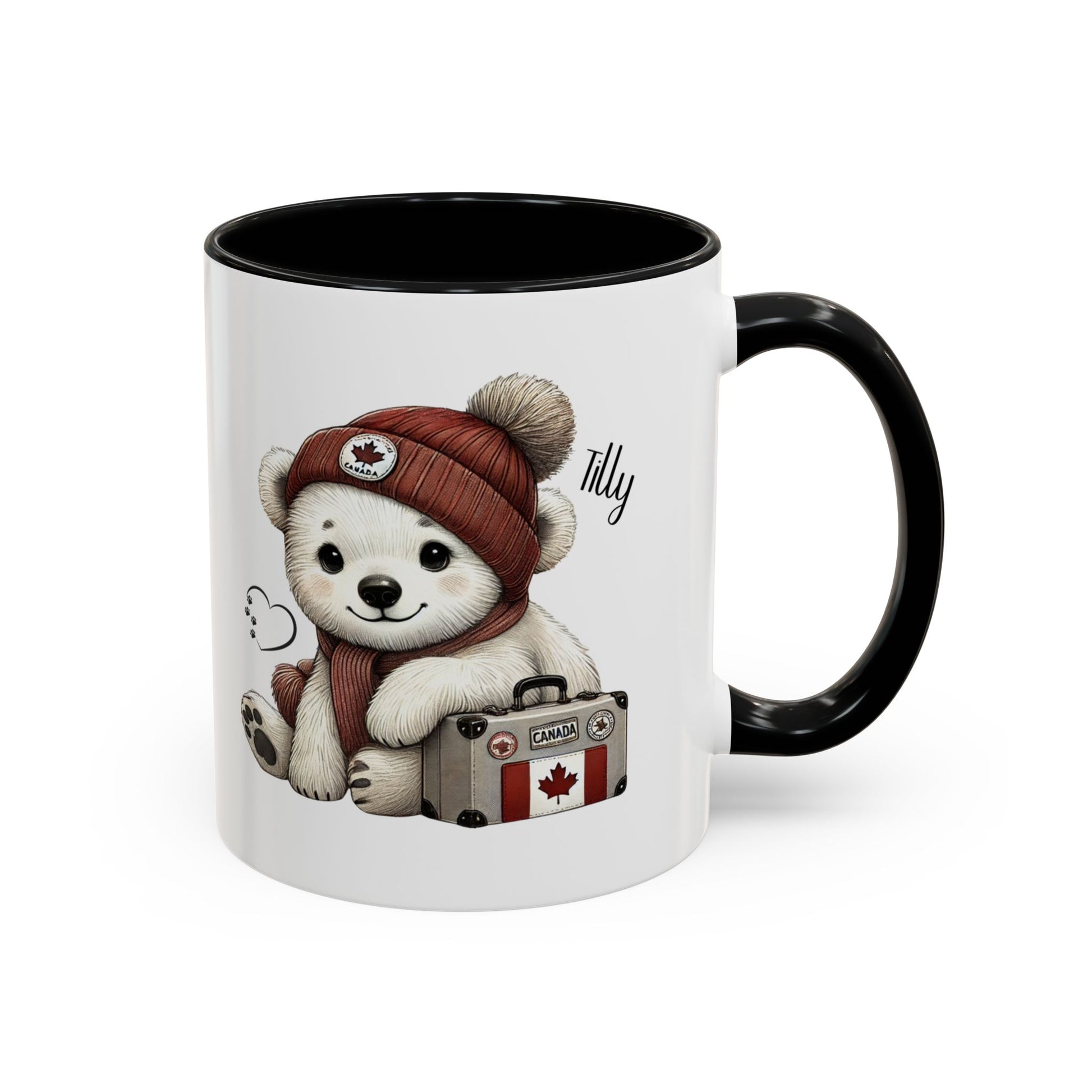 Mug with Tilly wearing her hat and scarf, sitting on a suitcase with a Canadian flag, on a white background.