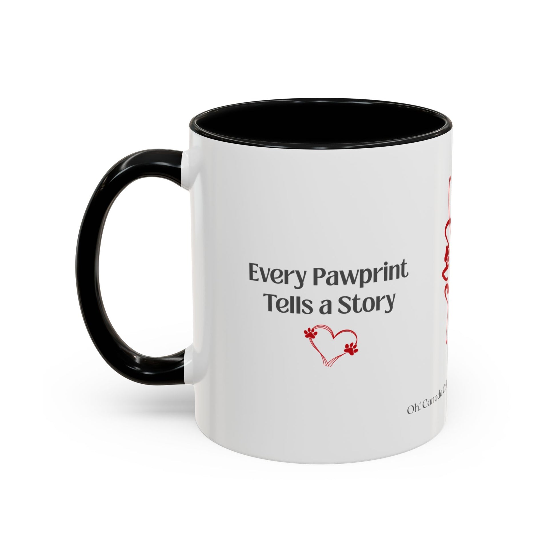 White mug with black handle featuring text 'Every Pawprint Tells a Story' on a white background
