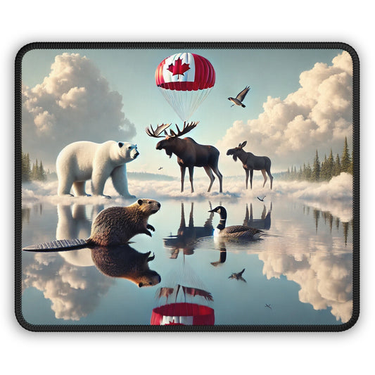 Mouse pad with a nature-themed design featuring animals and a Canadian flag.
