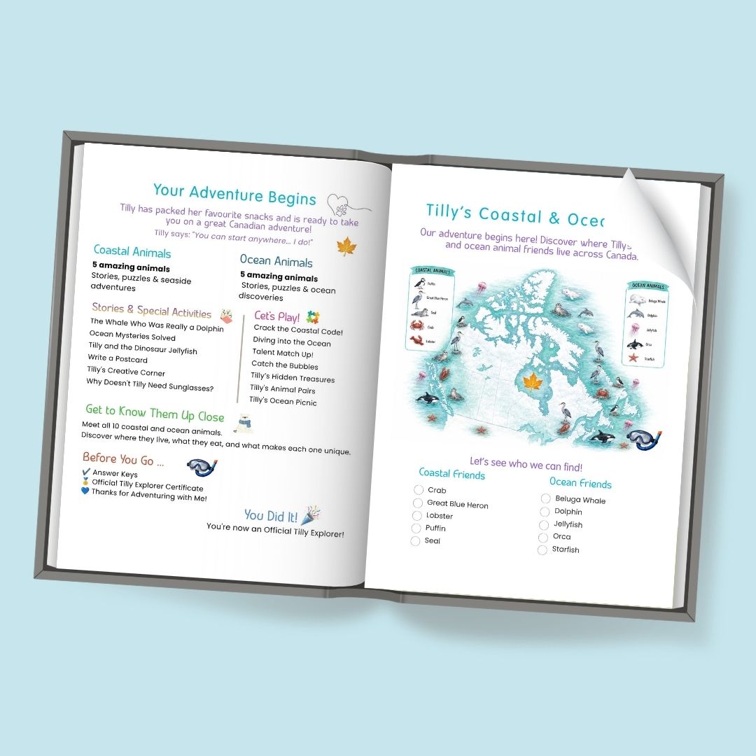 An open printed booklet or activity guide with two pages, with small illustrations related to marine life across Canada's coasts and oceans.