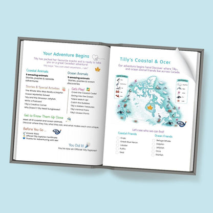 An open printed booklet or activity guide with two pages, with small illustrations related to marine life across Canada's coasts and oceans.