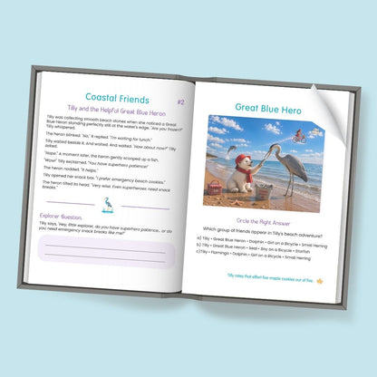 An open children's book featuring the Great Blue Heron, one of Tilly's Coastal Friends, enjoying the seaside.