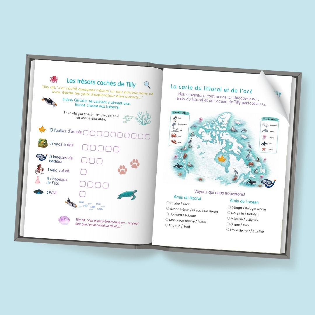 Un livre d’activités pour enfants ouvert, en français, présentant deux pages illustrées sur le thème de l’océan, avec des exercices et des cases à cocher, photographié sur un fond bleu clair.