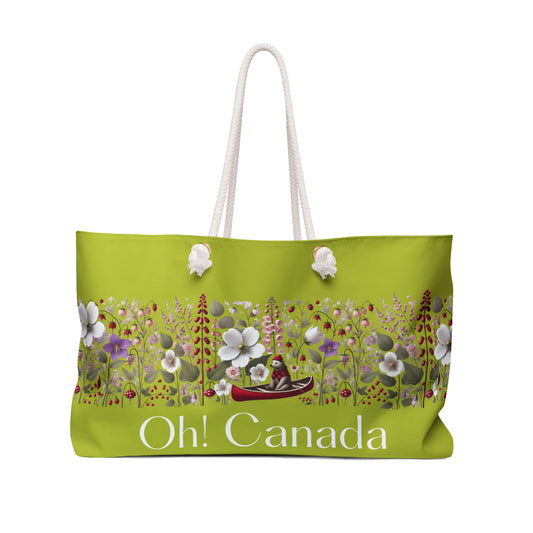 Large Chartreuse tote bag with floral design and 'Oh! Canada' text
